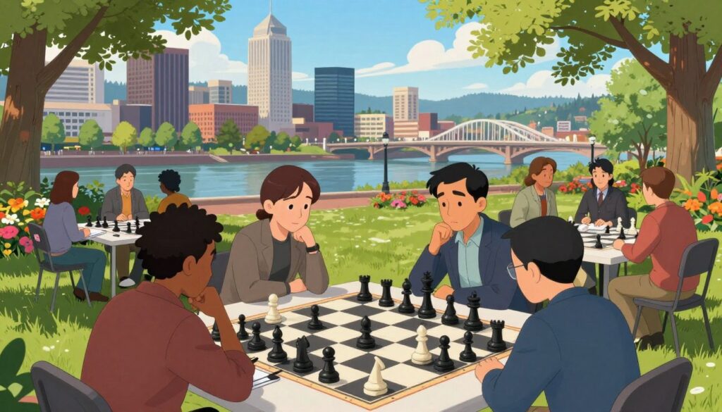 A vibrant outdoor chess tournament scene in Oregon, showcasing a large chessboard set up in a park surrounded by lush green trees and colorful flowers. In the foreground, players of diverse backgrounds are intensely focused on the game, dressed in smart casual attire, with a mixture of expressions reflecting concentration and strategic thinking. The middle ground features a few spectators watching the match, some taking notes, while others engage in discussions about strategies. In the background, iconic Portland landmarks are subtly integrated, like the Willamette River and distant mountains under a clear blue sky. Soft, natural lighting casts gentle shadows, creating a lively yet serene atmosphere. The brand name "Chess Classes USA" is subtly represented in a visually pleasing manner within the scene, without any text overlays.