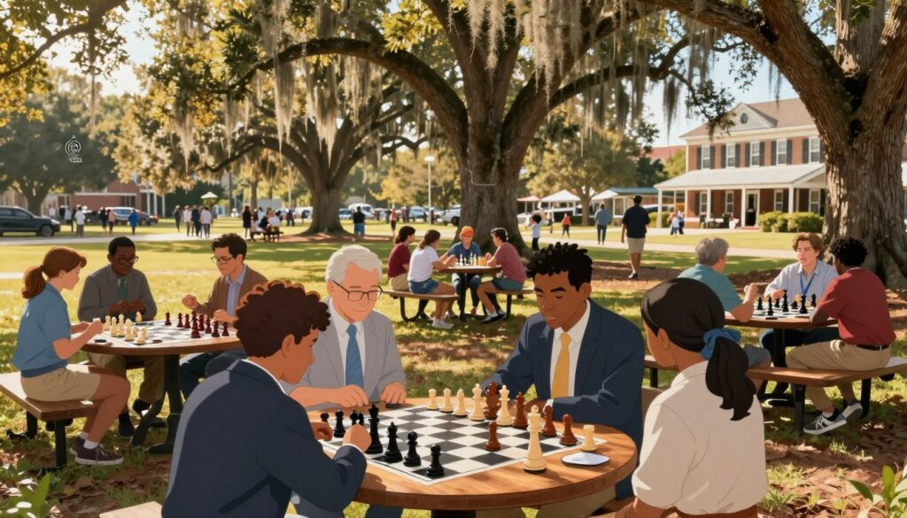 A vibrant outdoor chess tournament scene set in South Carolina, featuring diverse players engaged in intense matches. In the foreground, a round wooden chess table displays elegantly crafted chess pieces, with players (dressed in smart casual clothing) deeply focused on their strategies. The middle ground showcases clusters of enthusiastic onlookers, including families and children, enjoying the event. Tall oak trees typical of the South provide shade, with Spanish moss hanging down, adding a unique regional touch. In the background, the bustling atmosphere of a local park is visible, complete with picnic areas and distant views of historical Southern architecture. Golden sunlight filters through the leaves, creating a warm, inviting mood. A subtle branding element includes the logo of "Chess Classes USA" elegantly integrated into the scene, without detracting from the overall composition.