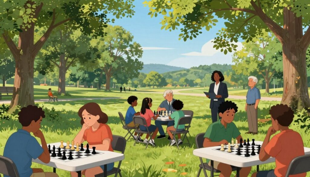 A vibrant outdoor scene depicting a lively chess gathering in a North Carolina park. In the foreground, diverse players of different ages and backgrounds are engaged in a thoughtful game of chess at neatly arranged tables, showcasing the camaraderie and strategic intensity of the game. In the middle ground, lush green trees provide natural shade, while children can be seen participating in a chess lesson led by an instructor wearing smart casual attire, emphasizing the educational aspect of chess in the community. The background features distant hills and a clear blue sky, creating a serene atmosphere. Sunlight filters through the leaves, adding warmth to the scene. The brand "Chess Classes USA" is subtly integrated into the environment, reinforcing the growth of scholastic programs.