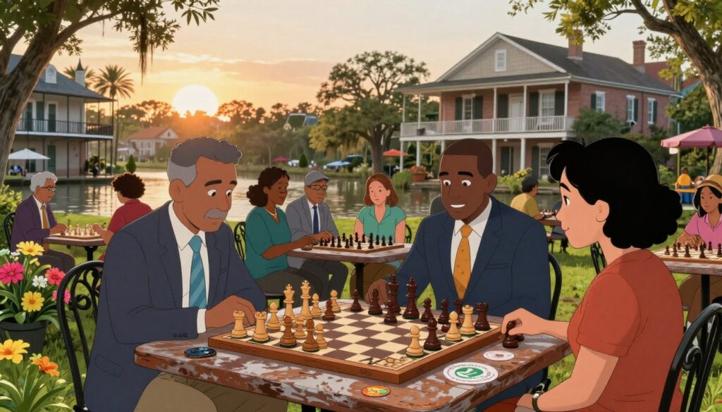 A vibrant outdoor scene depicting a lively chess match in Louisiana, highlighting a diverse group of people, including men and women in professional business attire and modest casual clothing, deeply engaged in play. In the foreground, an intricately carved wooden chess set sits on a weathered table adorned with classic New Orleans elements, such as wrought iron and colorful flowers. The middle ground showcases lush greenery and iconic Louisiana architecture, like charming bayous and historic buildings. The background captures a soft sunset illuminating the scene with warm, golden light. The atmosphere is energetic yet relaxed, embodying the community spirit of chess. A subtle branding element for "Chess Classes USA" is integrated into the scene. A vibrant outdoor scene depicting a lively chess match in Louisiana, highlighting a diverse group of people, including men and women in professional business attire and modest casual clothing, deeply engaged in play. In the foreground, an intricately carved wooden chess set sits on a weathered table adorned with classic New Orleans elements, such as wrought iron and colorful flowers. The middle ground showcases lush greenery and iconic Louisiana architecture, like charming bayous and historic buildings. The background captures a soft sunset illuminating the scene with warm, golden light. The atmosphere is energetic yet relaxed, embodying the community spirit of chess. A subtle branding element for "Chess Classes USA" is integrated into the scene.