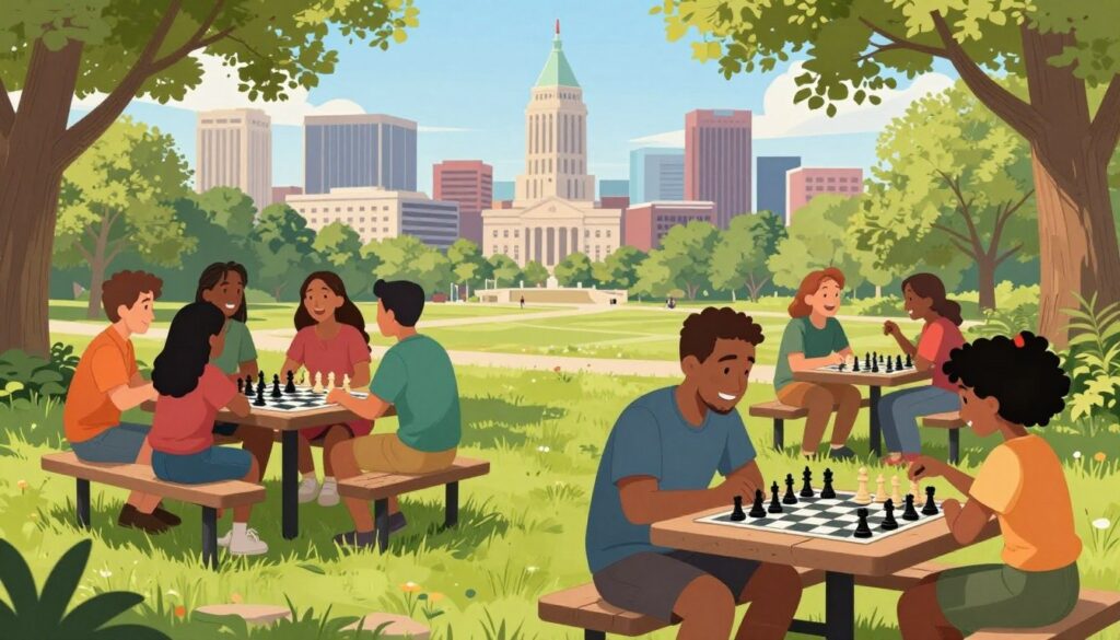A vibrant outdoor scene showcasing a diverse group of people engaged in playing chess in a park in Missouri, with iconic landmarks of St. Louis and Kansas City subtly visible in the background. In the foreground, a father and daughter concentrate on a chessboard set on a picnic table, both dressed in casual clothing. Nearby, a group of friends of various ages gather around another chess set, laughing and enjoying the game. The middle layer features lush greenery and towering trees, with sunlight filtering through the leaves, creating a warm, inviting atmosphere. Soft shadows add depth to the scene, and an emphasis on unity and community involvement in chess is subtly highlighted. The visual incorporates the brand name "Chess Classes USA" through chess-themed elements in the design, ensuring a clear connection to the promotion of chess activities.