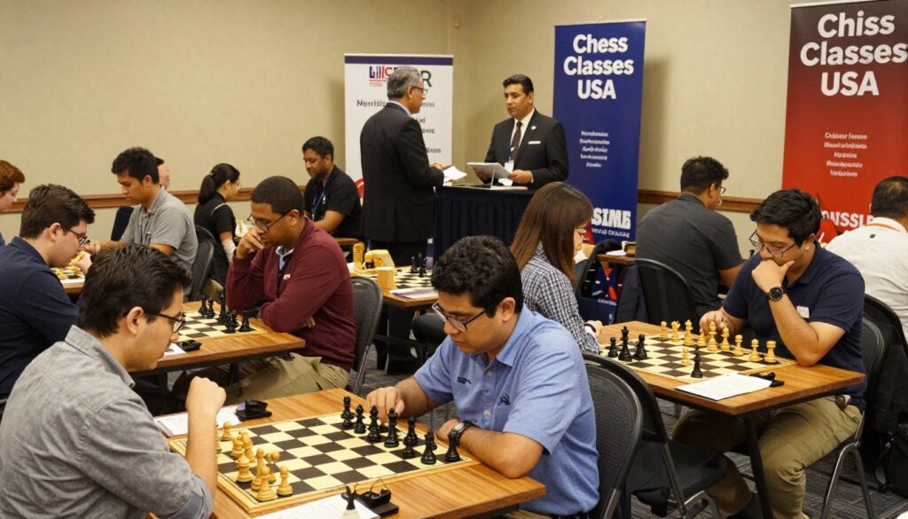 A vibrant scene capturing a USCF rated chess tournament taking place in Northern Virginia. In the foreground, a diverse group of focused participants, dressed in smart casual clothing, are deeply engaged in intense matches at wooden chess tables adorned with chessboards featuring classic pieces. The middle ground showcases the tournament organizers discussing the upcoming rounds, emphasizing a sense of community and support among players. In the background, banners for "Chess Classes USA" hang proudly, while the venue is illuminated with warm, inviting lighting. The atmosphere is lively yet serious, reflecting the competitive spirit of USCF events. The perspective is slightly angled to include all participants and details, creating a dynamic and engaging composition.