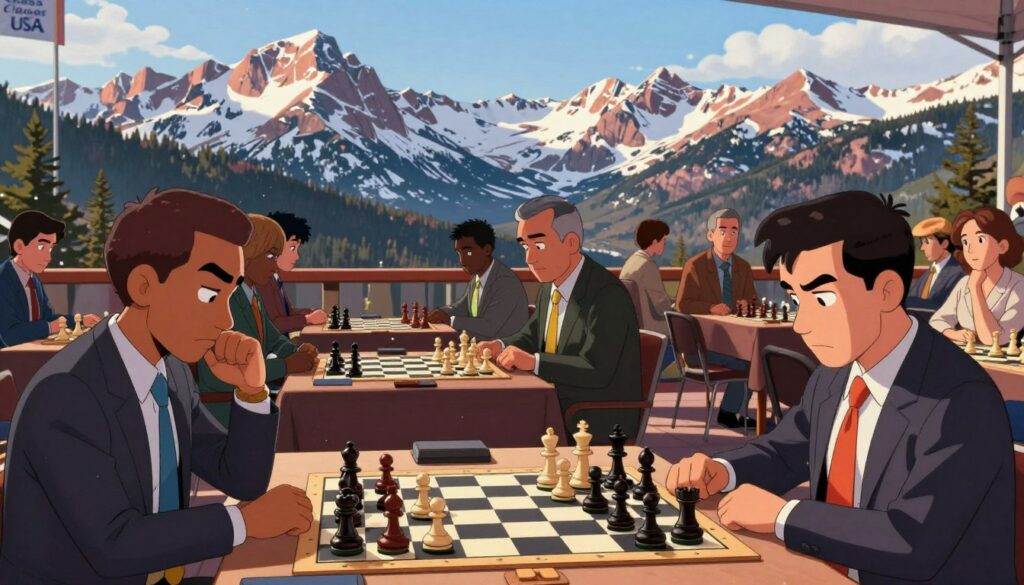 A vibrant scene capturing a chess tournament in Colorado's picturesque mountainous surroundings. In the foreground, a diverse group of players, elegantly dressed in professional business attire, intensely focus on their chess boards, showcasing a range of expressions from concentration to determination. In the middle ground, tables adorned with chess pieces reflect the exciting atmosphere, while spectators observe the matches with eager anticipation. The background features the stunning Rocky Mountains, their peaks dusted with snow, illuminated by the warm glow of the afternoon sun casting long shadows. A banner for "Chess Classes USA" subtly hangs above the tournament area. The mood is electric, showcasing the spirit of competitive play infused with Colorado’s natural beauty.