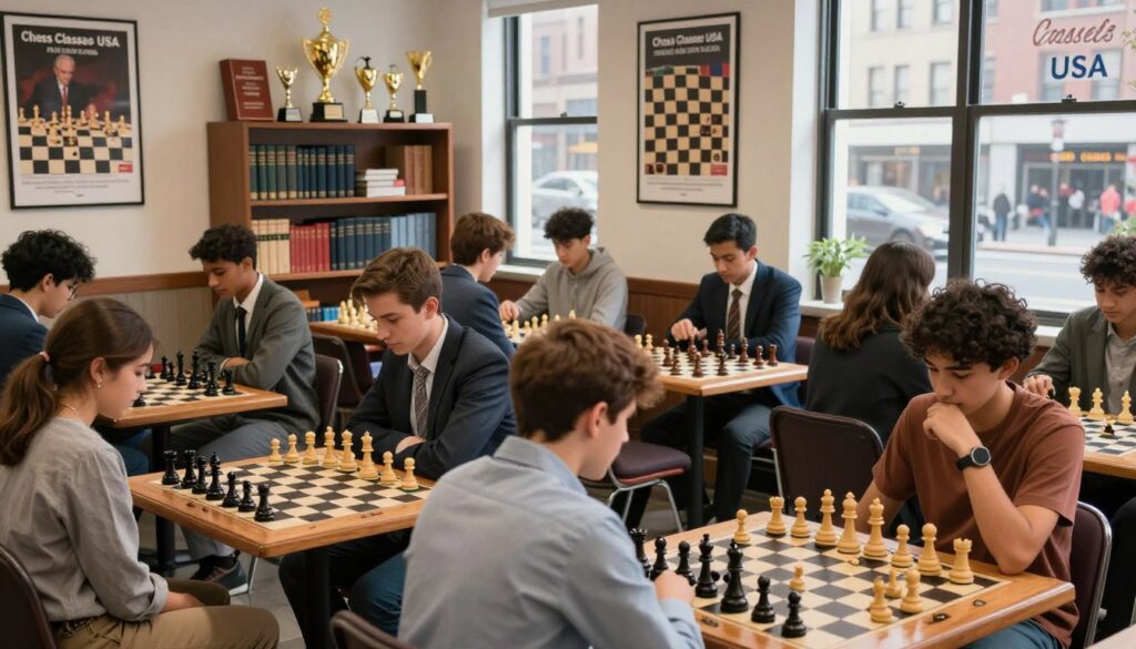 A vibrant scene capturing the essence of New York City's chess clubs, set in a cozy, well-lit interior. The foreground showcases a diverse group of chess players, including adults and teens, engaged in deep concentration over elegantly crafted wooden chessboards. Each player is dressed in professional business attire or modest casual clothing, reflecting the welcoming atmosphere of the clubs. In the middle ground, shelves filled with chess books and trophies hint at a rich history of play, while posters of famous chess matches adorn the walls. The background features large windows with soft natural light streaming in, showcasing a bustling NYC street. The mood is intellectual and lively, inviting viewers to immerse themselves in the strategic world of chess. Include branding elements associated with "Chess Classes USA."