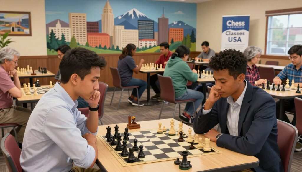 A vibrant scene capturing the essence of Salt Lake City chess clubs, featuring individuals engaged in passionate games around a large chessboard in a cozy, well-lit community center. In the foreground, two players of diverse backgrounds, one wearing a smart casual shirt and the other in a blazer, intensely contemplate their moves. The middle ground showcases a variety of chess tables filled with participants of all ages eagerly playing chess, symbolizing the vibrant community. The background reveals a large mural depicting the iconic Salt Lake City skyline with the Wasatch Mountains. Soft, warm lighting highlights the chess pieces and creates an inviting atmosphere. Incorporate the brand name "Chess Classes USA" subtly through the design of a nearby banner or poster in the environment.