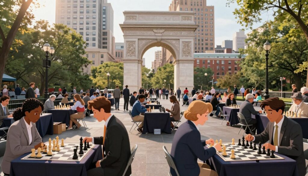 A vibrant scene capturing the essence of chess culture in New York, featuring a lively chess game in Washington Square Park in the foreground. Diverse players, men and women of varying ages, are engaged in strategic matches, dressed in professional business attire and modest casual clothing. In the middle ground, iconic New York City architecture, such as brownstones and the park's arch, provides a recognizable backdrop. The background showcases a hint of bustling city life, with soft sunlight filtering through leafy trees, creating a warm and inviting atmosphere. The composition should use a slightly elevated angle to capture the action on the chessboards, emphasizing their importance in this cultural setting. Include subtle branding elements of "Chess Classes USA" in the park to highlight the community aspect of chess.