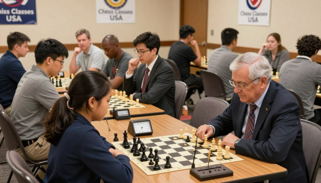 A vibrant scene capturing the essence of rated chess tournaments in Indiana. In the foreground, a diverse group of focused participants, including a young girl and an older man, are intently engaged in a chess match at a wooden table, dressed in professional business attire. In the middle ground, several chess boards are set up, showing various game states with clocks ticking beside them, while spectators cheer quietly or analyze nearby. The background features the friendly environment of a chess club, with banners displaying "Chess Classes USA" and soft, warm lighting casting an inviting glow. The composition is framed with a slightly tilted angle to give a dynamic perspective, evoking a sense of competition and community in the Hoosier State, capturing the spirit of rated tournaments.