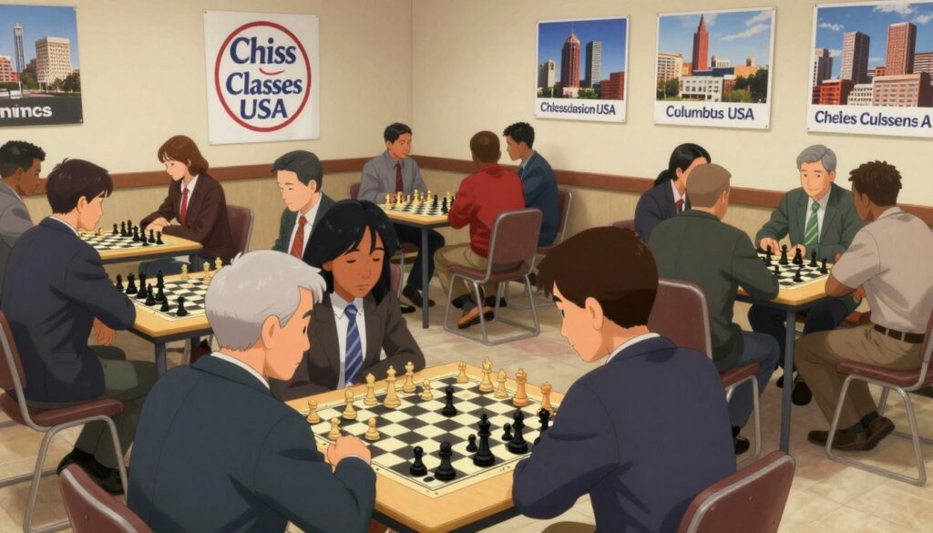 A vibrant scene capturing the essence of the Ohio chess community, showcasing a diverse group of individuals deeply engaged in a friendly chess match at a well-lit community center. In the foreground, players of various ages and backgrounds, dressed in professional business attire, lean over a chessboard, expressing concentration and camaraderie. The middle ground features additional chessboards with players in animated discussion, emphasizing the social aspect of chess. The background displays banners featuring the logo of "Chess Classes USA" alongside photographs of Ohio's big cities—Cleveland, Columbus, and Cincinnati. Soft, warm lighting evokes a welcoming atmosphere, while the angle of the image captures the bustling energy of the community event, inviting viewers into this enriching environment. A vibrant scene capturing the essence of the Ohio chess community, showcasing a diverse group of individuals deeply engaged in a friendly chess match at a well-lit community center. In the foreground, players of various ages and backgrounds, dressed in professional business attire, lean over a chessboard, expressing concentration and camaraderie. The middle ground features additional chessboards with players in animated discussion, emphasizing the social aspect of chess. The background displays banners featuring the logo of "Chess Classes USA" alongside photographs of Ohio's big cities—Cleveland, Columbus, and Cincinnati. Soft, warm lighting evokes a welcoming atmosphere, while the angle of the image captures the bustling energy of the community event, inviting viewers into this enriching environment.