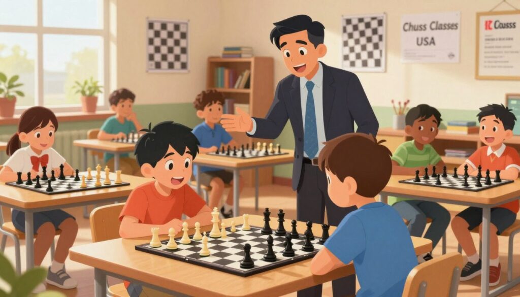 A vibrant scene capturing the essence of youth chess education, featuring a diverse group of children engaged in a lively chess class. In the foreground, two young players concentrate intensely over a chessboard, their bright expressions reflecting excitement and determination. In the middle ground, a skilled coach, dressed in professional attire, gestures enthusiastically while offering guidance to other students, showcasing different skill levels. The background reveals a cozy classroom filled with motivational chess posters and shelves of chess books, bathed in warm, soft lighting that creates an inviting atmosphere. Natural light streams through the windows, creating a sense of openness and inspiration. The image embodies the dynamic and supportive environment of "Chess Classes USA", promoting collaboration and learning among young chess enthusiasts.