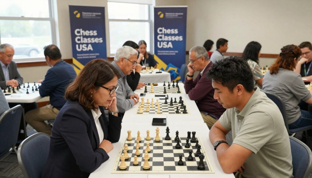 A vibrant scene capturing the excitement of a first chess tournament, showcasing a diverse group of adults engaged in matches. In the foreground, two players, a woman in professional business attire and a man in modest casual clothing, are intensely focused on their chessboard, displaying concentration and determination. The middle layer features several other matches in progress, with spectators quietly observing, creating a sense of community and anticipation. The background includes banners with the brand "Chess Classes USA", adding authenticity, along with tables lined with chessboards and pieces, set in a cozy, well-lit tournament room. Soft natural lighting filters through large windows, creating a warm and inviting atmosphere, while the angle captures the dynamic interaction of players and spectators, reflecting both tension and camaraderie.