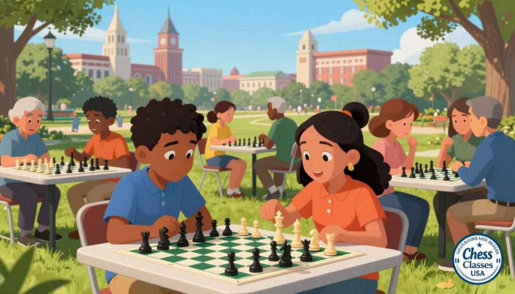 A vibrant scene capturing the growth of chess in Alabama, focusing on a diverse group of players engaged in a lively outdoor tournament beneath the clear blue sky. In the foreground, a young boy and girl, dressed in smart casual clothing, intensely study their chess boards, showcasing their determination. The middle ground features several chess tables with players of all ages, their expressions a mix of concentration and excitement. In the background, iconic Alabama landmarks subtly blend into a lush green park, symbolizing community. Soft, warm lighting enhances the atmosphere, creating a sense of optimism and camaraderie. The composition conveys a future outlook for the Alabama chess community, with the logo of "Chess Classes USA" subtly incorporated into the scene, integrating hope and growth in this dynamic environment.