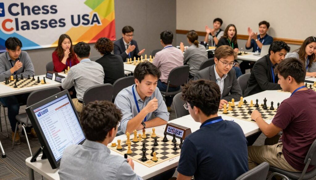 A vibrant scene capturing the immediate aftermath of a first USCF tournament. In the foreground, a diverse group of enthusiastic players, dressed in professional business attire and modest casual clothing, gather around a scoreboard, discussing their results with excitement and curiosity. In the middle ground, tables are scattered with chess clocks and pieces, some left in mid-game, symbolic of the intense matches played. The background showcases a colorful banner with "Chess Classes USA" prominently displayed, along with spectators cheering and clapping in celebration. The lighting is warm and inviting, casting soft shadows, creating a sense of camaraderie and achievement. The angle is slightly elevated, giving a broad view of the lively atmosphere filled with hope and anticipation for future tournaments.