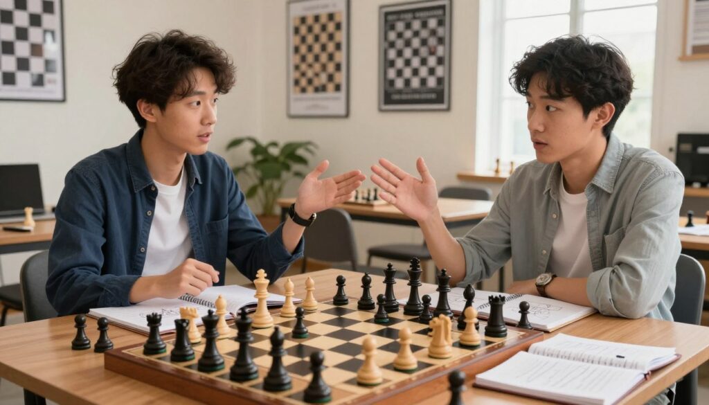 A vibrant scene capturing the preparation for a chess tournament, set in a cozy, well-lit room. In the foreground, a chessboard is meticulously arranged with pieces ready for play, showing a mix of classic wooden and modern plastic pieces. In the middle, two individuals are deeply engaged in discussion, both wearing smart casual attire, surrounded by notebooks filled with strategies and chess puzzles. One person, a coach from Chess Classes USA, gestures animatedly while the other listens intently. The background features walls adorned with chess posters and motivational quotes about competition and learning. Soft, natural light filters through a window, creating a warm and focused atmosphere. The image conveys excitement and determination, showcasing the essence of preparing for a chess tournament.
