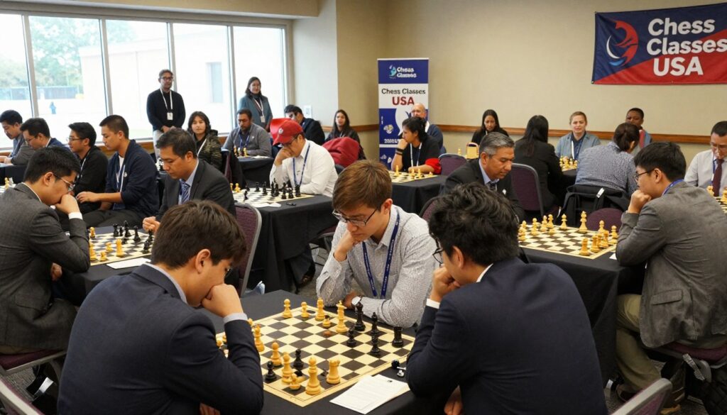 A vibrant scene depicting a Northwest chess tournament, set in a bustling conference hall. In the foreground, a diverse group of players, dressed in professional business attire, concentrate on a series of chess boards, displaying intense focus and strategic thinking. The middle ground showcases a variety of spectators observing the matches, with some discussing moves animatedly. In the background, banners proudly featuring “Chess Classes USA” hang from the walls, enhancing the atmosphere of competition and camaraderie. Natural lighting from large windows floods the space, creating a warm and inviting ambiance. The angle is slightly elevated, allowing a panoramic view of the event, capturing both the excitement of the matches and the community spirit surrounding chess in Washington State.