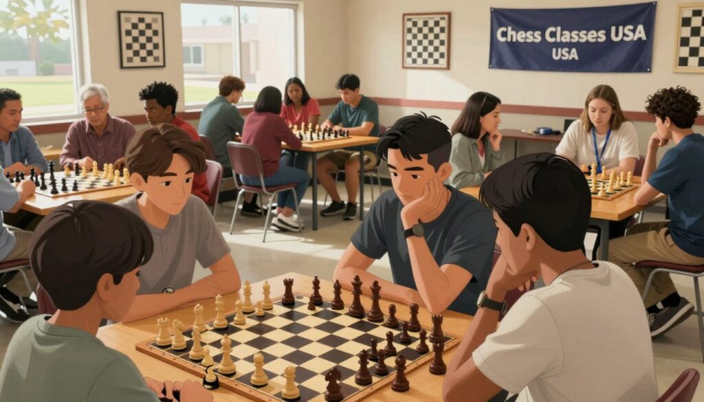 A vibrant scene depicting a Tulsa chess club, filled with diverse individuals engaged in intense gameplay. In the foreground, a close-up of a carefully crafted wooden chessboard featuring intricate pieces, with players in modest casual clothing, focused and deep in thought. The middle ground showcases various tables with players of different ages and backgrounds, highlighting the community aspect. Soft natural lighting filters through large windows, casting gentle shadows that add depth. In the background, a wall adorned with chess-related artwork and a banner reading "Chess Classes USA". The atmosphere is lively yet contemplative, embodying the spirit of camaraderie and the love of chess in Tulsa. The angle is slightly elevated to capture the bustling activity and energy of the club.
