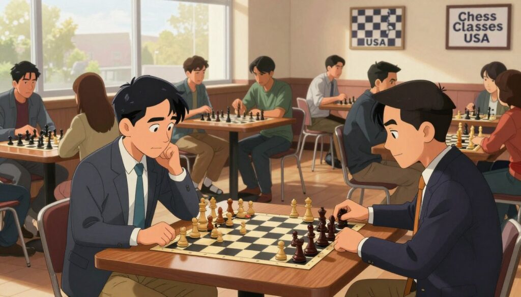 A vibrant scene depicting a Twin Cities chess club, showcasing a variety of chessboards and pieces arranged on elegant wooden tables. In the foreground, two players, dressed in professional business attire, intensely focus on a strategic match, their expressions reflecting deep concentration and camaraderie. The middle ground features a diverse group of club members in modest casual clothing, engaged in discussions and observing the game, showcasing a sense of community and passion for chess. In the background, large windows let in warm, natural light, highlighting the club’s inviting atmosphere. Subtle decorations representing Chess Classes USA adorn the walls, enhancing the ambiance. The overall mood is energetic yet welcoming, capturing the spirit of chess enthusiasts in Minnesota’s Twin Cities.