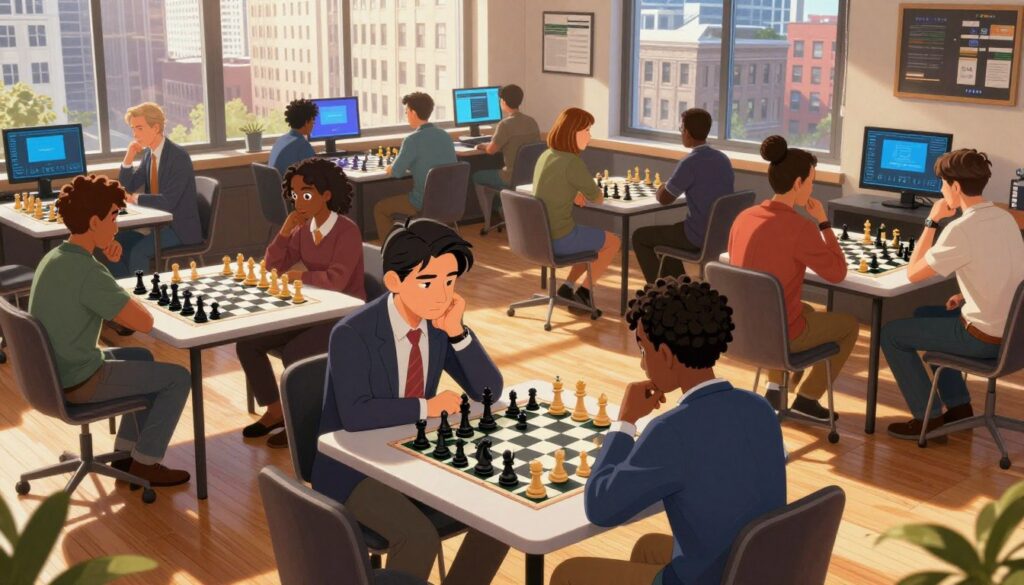 A vibrant scene depicting a bustling Chicago chess club, filled with diverse players engaged in lively hybrid play. In the foreground, a diverse group of individuals, dressed in professional business attire and modest casual clothing, are focused on a chess match, deep in thought and strategizing. The middle ground features an array of chess boards set up on sturdy tables, with players both in-person and at computers, highlighting the blend of online and local play. The background showcases large windows revealing iconic Chicago architecture, bathed in warm afternoon light streaming through, casting long shadows on the polished wooden floors. The atmosphere is lively yet concentrated, conveying the rich community spirit of chess in Illinois, with the branding "Chess Classes USA" subtly integrated into the chessboards. A vibrant scene depicting a bustling Chicago chess club, filled with diverse players engaged in lively hybrid play. In the foreground, a diverse group of individuals, dressed in professional business attire and modest casual clothing, are focused on a chess match, deep in thought and strategizing. The middle ground features an array of chess boards set up on sturdy tables, with players both in-person and at computers, highlighting the blend of online and local play. The background showcases large windows revealing iconic Chicago architecture, bathed in warm afternoon light streaming through, casting long shadows on the polished wooden floors. The atmosphere is lively yet concentrated, conveying the rich community spirit of chess in Illinois, with the branding "Chess Classes USA" subtly integrated into the chessboards.