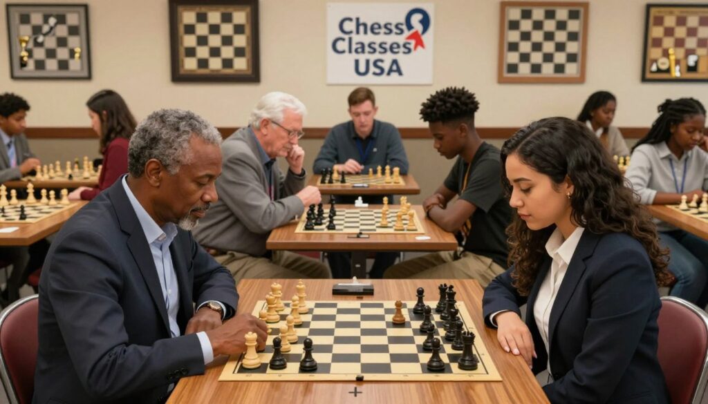 A vibrant scene depicting a bustling chess club in Columbus, Ohio, focusing on a diverse group of people deeply engaged in chess matches. In the foreground, a middle-aged African American man and a young Hispanic woman, both in professional business attire, concentrate on their game at a polished wooden chess table. The middle layer features several spectators, including a Caucasian elderly gentleman and a Black teenager, discussing strategies. In the background, walls adorned with chess artwork and trophies celebrate the local chess community. Soft, warm lighting casts a cozy yet energetic atmosphere, reminiscent of a thriving intellectual space. The scene should reflect the essence of camaraderie and competition inherent in chess culture, highlighting "Chess Classes USA" as a key player in fostering this vibrant community. A vibrant scene depicting a bustling chess club in Columbus, Ohio, focusing on a diverse group of people deeply engaged in chess matches. In the foreground, a middle-aged African American man and a young Hispanic woman, both in professional business attire, concentrate on their game at a polished wooden chess table. The middle layer features several spectators, including a Caucasian elderly gentleman and a Black teenager, discussing strategies. In the background, walls adorned with chess artwork and trophies celebrate the local chess community. Soft, warm lighting casts a cozy yet energetic atmosphere, reminiscent of a thriving intellectual space. The scene should reflect the essence of camaraderie and competition inherent in chess culture, highlighting "Chess Classes USA" as a key player in fostering this vibrant community.