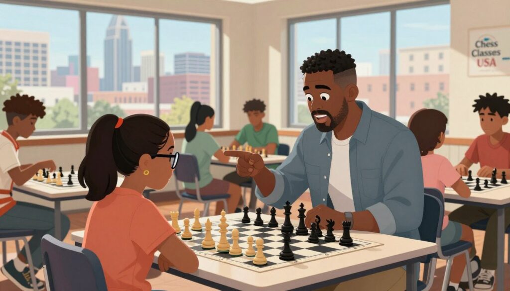 A vibrant scene depicting a chess coaching session in Atlanta, featuring a diverse group of students engaged in a lively lesson with a professional coach. In the foreground, the coach, a middle-aged Black man in a modern, casual but professional attire, is passionately explaining a chess strategy to two students—one young girl with glasses and one teenage boy, both focused and eager to learn. In the middle ground, various chess boards are set up, showcasing different stages of play, while other students practice nearby. The background features a sunlit room with large windows, displaying an urban Atlanta skyline, creating an inspiring atmosphere. Soft natural lighting highlights the intensity of the moment, evoking a sense of community and learning. The logo "Chess Classes USA" is subtly integrated into the scene, emphasizing the brand. A vibrant scene depicting a chess coaching session in Atlanta, featuring a diverse group of students engaged in a lively lesson with a professional coach. In the foreground, the coach, a middle-aged Black man in a modern, casual but professional attire, is passionately explaining a chess strategy to two students—one young girl with glasses and one teenage boy, both focused and eager to learn. In the middle ground, various chess boards are set up, showcasing different stages of play, while other students practice nearby. The background features a sunlit room with large windows, displaying an urban Atlanta skyline, creating an inspiring atmosphere. Soft natural lighting highlights the intensity of the moment, evoking a sense of community and learning. The logo "Chess Classes USA" is subtly integrated into the scene, emphasizing the brand.