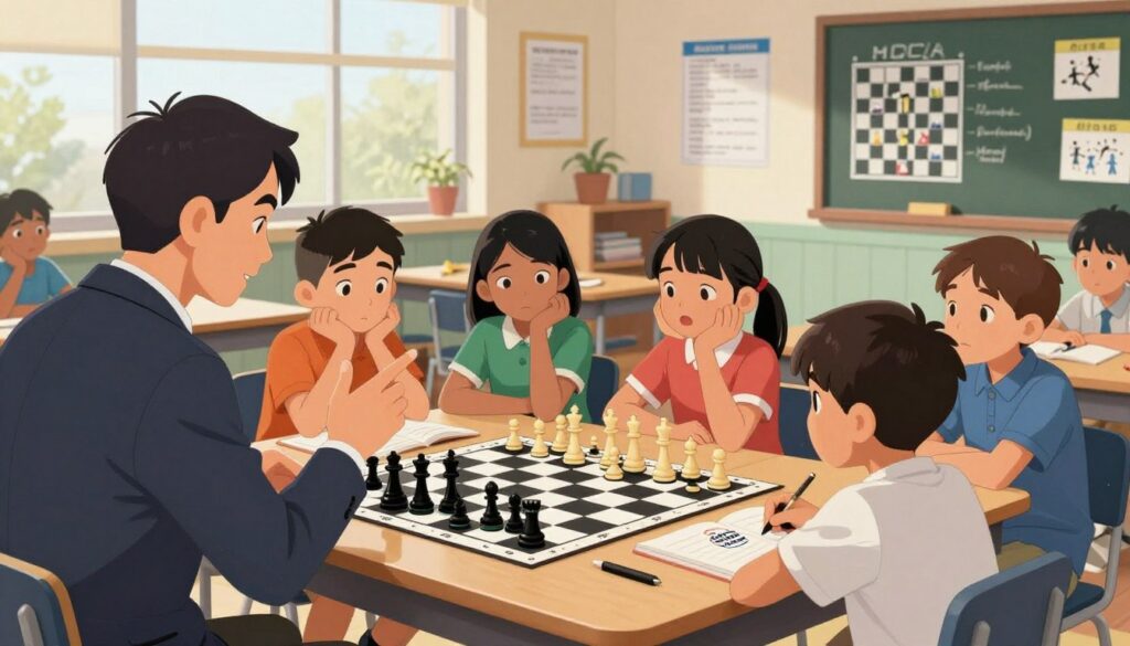 A vibrant scene depicting a chess coaching session in a school setting. In the foreground, a chess coach in professional attire is engaged with a diverse group of young students, ages 8-12, sitting around a chess table. The coach, a middle-aged person of Asian descent, is demonstrating a chess strategy with animated gestures. In the middle, the students are focusing intently on their chessboards, displaying various emotions of curiosity and concentration. The background captures a classroom filled with educational posters about chess strategies and tactics, with soft natural lighting filtering through large windows. The atmosphere is encouraging and collaborative, showcasing a supportive learning environment. Placed subtly within the scene is the logo of "Chess Classes USA" on the students' notebooks.