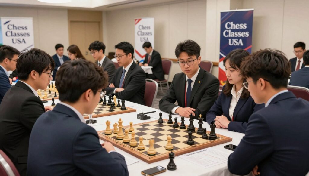 A vibrant scene depicting a chess tournament selection event, set in a well-lit conference hall. In the foreground, a diverse group of participants, including men and women in professional business attire, are engaged in intense discussions, reviewing chess strategies and tournament rules. The middle ground showcases a large, ornate chessboard with pieces set up, representing the strategic nature of tournament choices. In the background, banners displaying the name "Chess Classes USA" adorn the walls, adding a sense of organization and professionalism. The lighting is bright, casting soft shadows and enhancing the focus on the chessboard and players. The atmosphere is serious yet collaborative, embodying the competitive spirit of chess players preparing for selection in a tournament.