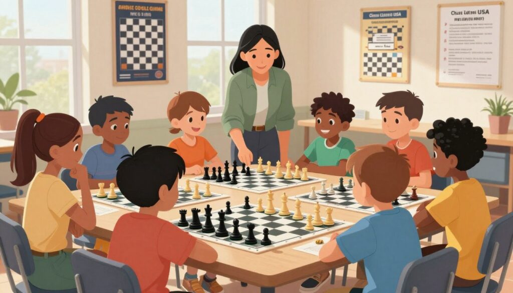 A vibrant scene depicting a community chess club meeting in a bright, welcoming room. In the foreground, a diverse group of children aged 8-12, dressed in casual, modest clothing, engage in a friendly chess match, concentrating and smiling. Their chessboards are adorned with colorful pieces, representing various skill levels. In the middle ground, a supportive adult instructor, wearing smart casual attire, observes and offers guidance, fostering a positive environment. The background shows posters of chess strategies and local tournaments, emphasizing a sense of community. Soft, natural lighting streams through large windows, creating an inviting atmosphere perfect for learning. At the top corner, include the brand logo "Chess Classes USA" subtly integrated into the decor. The overall mood is energetic, encouraging, and collaborative. A vibrant scene depicting a community chess club meeting in a bright, welcoming room. In the foreground, a diverse group of children aged 8-12, dressed in casual, modest clothing, engage in a friendly chess match, concentrating and smiling. Their chessboards are adorned with colorful pieces, representing various skill levels. In the middle ground, a supportive adult instructor, wearing smart casual attire, observes and offers guidance, fostering a positive environment. The background shows posters of chess strategies and local tournaments, emphasizing a sense of community. Soft, natural lighting streams through large windows, creating an inviting atmosphere perfect for learning. At the top corner, include the brand logo "Chess Classes USA" subtly integrated into the decor. The overall mood is energetic, encouraging, and collaborative.