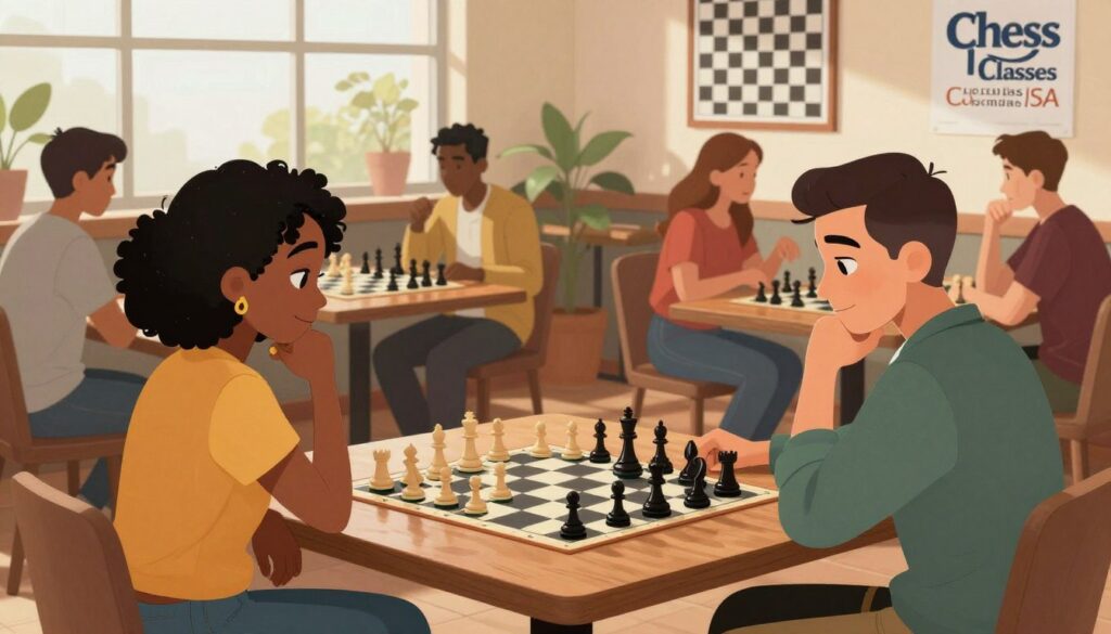 A vibrant scene depicting a cozy local chess club, showcasing a diverse group of individuals gathered around wooden tables, engaging in friendly games. In the foreground, focus on two players, one African American woman and one Hispanic man, intensely contemplating their moves, dressed in casual but neat clothing. In the middle ground, display several other members attentively observing a game in progress and sharing strategies, all within a warm, inviting environment illuminated by soft, natural light filtering through large windows. The background should feature chess-themed decorations, such as framed chess boards and posters, with a hint of greenery from indoor plants. The overall mood is collaborative and energetic, embodying the spirit of community and connection as promoted by "Chess Classes USA".