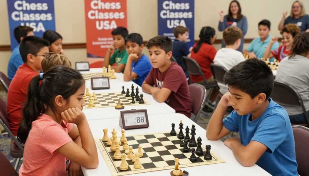 A vibrant scene depicting a diverse group of children, aged 8-12, intently engaging in a chess tournament environment. In the foreground, a young girl of Asian descent is thoughtfully considering her next move on a chessboard, while a Hispanic boy nearby eagerly watches her strategy. The middle ground features a table with chess boards and clocks, surrounded by kids in modest casual clothing, all focused and excited. The background shows banners with "Chess Classes USA" prominently displayed, alongside a cheering crowd of parents. Soft, warm lighting illuminates the scene, creating an inviting atmosphere, while a slight tilt angle captures the intensity and concentration of the game. The mood is one of enthusiasm and teamwork, showcasing the spirit of scholastic chess.