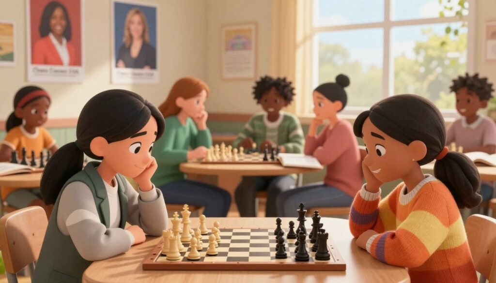 A vibrant scene depicting a diverse group of girls engaged in a friendly chess match in a cozy, well-lit room. In the foreground, two girls concentrate on their chessboard, one wearing a stylish blazer and the other in a colorful sweater, both showcasing determination and joy. In the middle ground, a few other girls are seated at tables, chatting and studying chess strategies, with open books and chess guides titled "Chess Classes USA" visible nearby. The background features posters of famous female chess players and a large window that lets in warm sunlight, creating an inviting atmosphere. The overall mood is empowering and inclusive, emphasizing the growth of women and girls in chess in North Carolina. Soft focus on the lighting adds a friendly and warm tone.