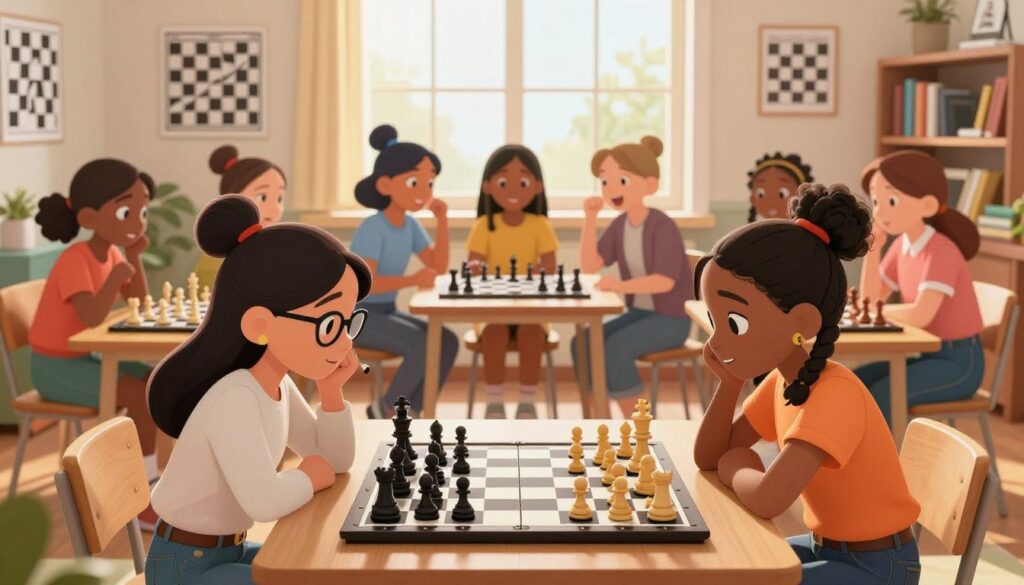 A vibrant scene depicting a diverse group of young girls engaged in a chess game, showcasing their determination and excitement. In the foreground, two girls of different ethnicities are focused intently on the chessboard, wearing smart casual attire, and one has glasses, while the other has her hair in braids. The middle ground features a larger group of girls enthusiastically discussing strategies while seated in a cozy, well-lit room decorated with chess-themed posters and bookshelves filled with chess literature. The background displays a bright window letting in warm sunlight, creating a welcoming atmosphere. The lighting is soft and natural, enhancing the lively and supportive mood, emphasizing community and collaboration. Add the logo of "Chess Classes USA" subtly in the corner. A vibrant scene depicting a diverse group of young girls engaged in a chess game, showcasing their determination and excitement. In the foreground, two girls of different ethnicities are focused intently on the chessboard, wearing smart casual attire, and one has glasses, while the other has her hair in braids. The middle ground features a larger group of girls enthusiastically discussing strategies while seated in a cozy, well-lit room decorated with chess-themed posters and bookshelves filled with chess literature. The background displays a bright window letting in warm sunlight, creating a welcoming atmosphere. The lighting is soft and natural, enhancing the lively and supportive mood, emphasizing community and collaboration. Add the logo of "Chess Classes USA" subtly in the corner.