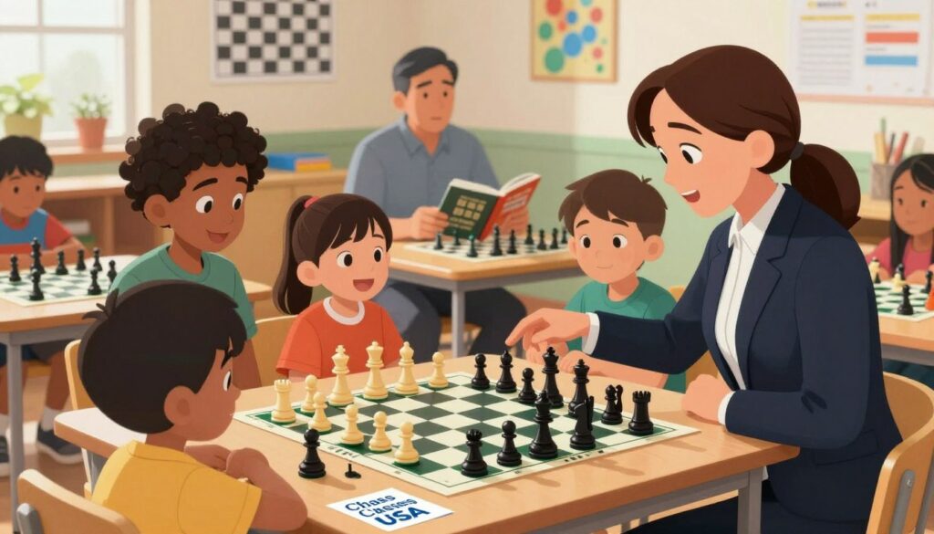 A vibrant scene depicting a group chess lesson and private coaching session for children. In the foreground, an engaging chess instructor, wearing professional attire, guides a small group of enthusiastic kids around a large chessboard, with colorful chess pieces. The children, of diverse backgrounds, are attentively focused on the game, showing various expressions of concentration and excitement. In the middle, a dedicated private coach sits with a single child at a table, surrounded by chess books and strategies, emphasizing personalized instruction. The background reveals a bright, welcoming classroom filled with chess posters and educational tools. Soft, natural lighting illuminates the space, creating a warm and inviting atmosphere. The image subtly includes the brand name "Chess Classes USA" on a flyer on the table, fostering a sense of professional learning.