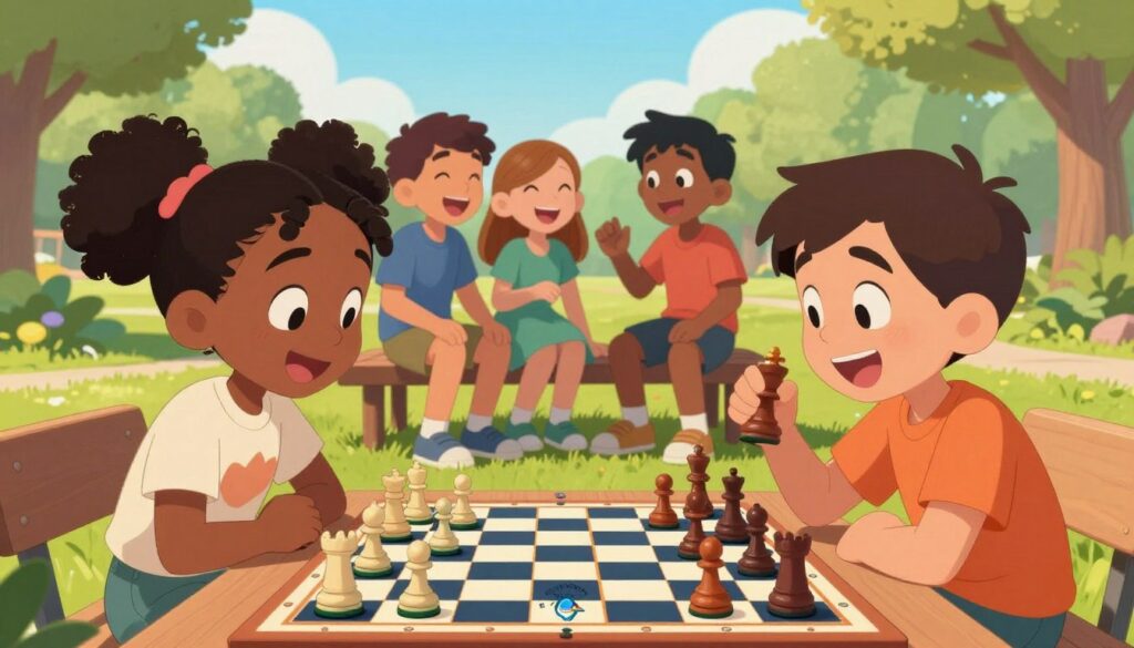 A vibrant scene depicting a group of children joyfully playing chess in a park setting. In the foreground, two kids, one African-American girl and one Hispanic boy, are intently focused on a colorful chessboard, their faces lit up with excitement and concentration. The middle ground features a few other children sitting on benches, animatedly discussing strategies and laughing together. The background showcases green trees and a sunny sky, creating a warm and inviting atmosphere. The lighting is bright and cheerful, with soft shadows emphasizing the joy of the game. The image includes the logo of "Chess Classes USA" subtly integrated into the chessboard design. This playful and engaging scene captures the essence of chess as a fun hobby for kids, fostering joy and connection.