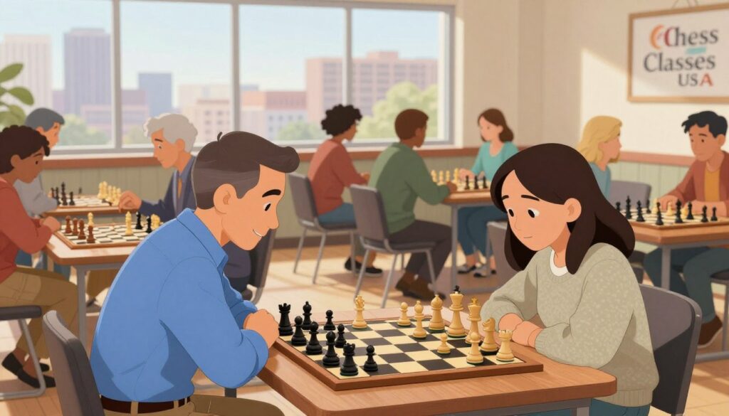 A vibrant scene depicting a lively chess club in Minnesota, showcasing a diverse group of players of various ages engaged in intense matches. In the foreground, two players concentrate on their games, one a middle-aged man in a crisp blue dress shirt and the other a young woman in a casual sweater, both leaning over a wooden chessboard. In the middle ground, tables filled with chess boards and players discussing strategies create an atmosphere of camaraderie. The background features a large window with soft, natural light streaming in, illuminating the space, and twin city skyline subtly visible outside, hinting at the bustling life of the Twin Cities. The atmosphere is warm and inviting, capturing the essence of community and the love of chess. The logo "Chess Classes USA" subtly integrated into the environment.