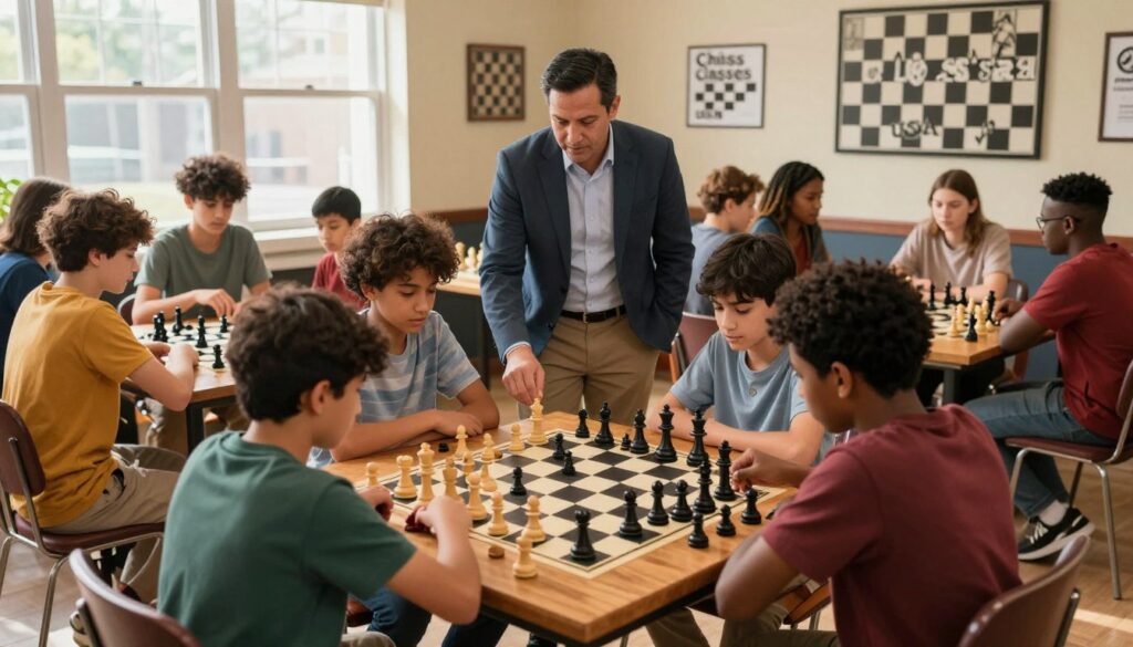 A vibrant scene depicting a lively chess club in New Jersey, showcasing a diverse group of chess players, including young students and adult enthusiasts, all deeply focused on their games. In the foreground, a wooden chess table is set with meticulously arranged pieces, some mid-game in an intense match. The middle ground features a chess coach from "Chess Classes USA" providing guidance, dressed in smart casual attire. In the background, large windows let in warm, natural light, illuminating the overall space filled with chess-themed decor. The atmosphere is one of excitement and concentration, reflecting the spirit of community learning and competition typical of local chess hubs in the Garden State. Use a wide-angle lens to capture the entire scene, emphasizing the interaction among players while maintaining a cozy indoor environment. A vibrant scene depicting a lively chess club in New Jersey, showcasing a diverse group of chess players, including young students and adult enthusiasts, all deeply focused on their games. In the foreground, a wooden chess table is set with meticulously arranged pieces, some mid-game in an intense match. The middle ground features a chess coach from "Chess Classes USA" providing guidance, dressed in smart casual attire. In the background, large windows let in warm, natural light, illuminating the overall space filled with chess-themed decor. The atmosphere is one of excitement and concentration, reflecting the spirit of community learning and competition typical of local chess hubs in the Garden State. Use a wide-angle lens to capture the entire scene, emphasizing the interaction among players while maintaining a cozy indoor environment.