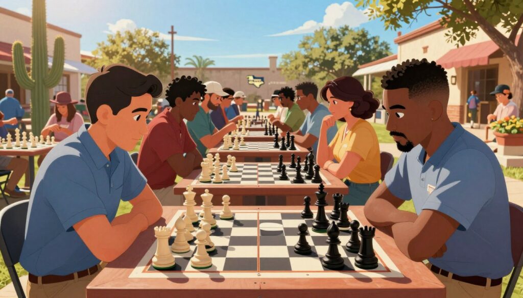 A vibrant scene depicting a lively outdoor chess tournament in Texas, showcasing a diverse group of players engaged in animated matches. In the foreground, two competitors, one Hispanic and one African American, both in smart casual attire, concentrate intently on their chessboards. The middle ground features a blend of spectators, including families and friends, under Texas blue skies, enjoying the event. Large chess pieces in a classic checkerboard pattern create a striking visual impact. In the background, hints of Texas culture—cacti, cowboy hats, and a historic building—add an authentic backdrop. The scene is illuminated by warm, golden sunlight, enhancing a sense of community and competition. The logo "Chess Classes USA" subtly integrated into the setting reinforces the theme of chess's growing popularity in Texas.