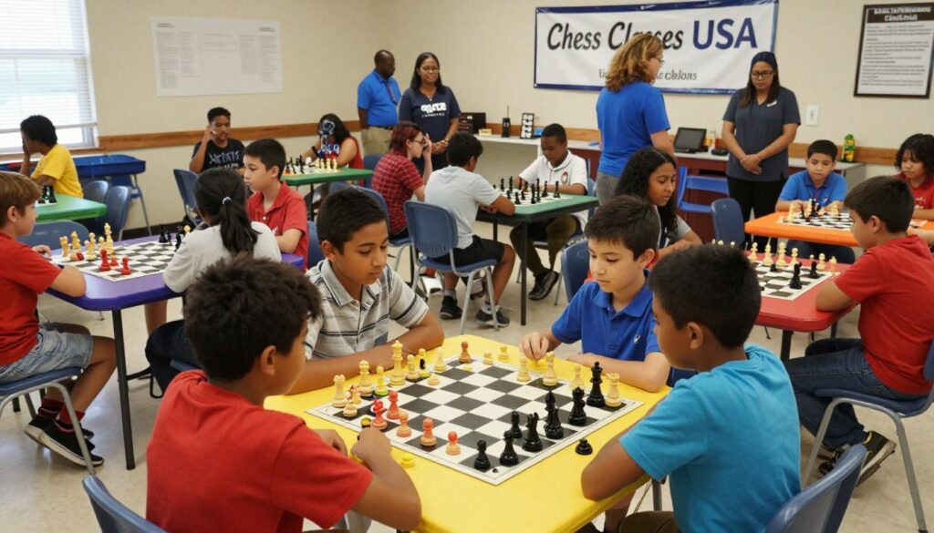 A vibrant scene depicting a lively scholastic chess tournament at a community center in Louisiana. In the foreground, a diverse group of enthusiastic children, aged 8 to 14, engaged in intense matches, dressed in casual but neat clothing. Their faces reflect concentration and excitement. The middle ground features colorful chessboards on tables, some with wooden pieces and others with brightly colored plastic ones, illustrating various skill levels. In the background, a banner reading "Chess Classes USA" is draped across the room, surrounded by parents and coaches, who are observing and encouraging the young players. Soft, natural lighting illuminates the space, creating a warm and inviting atmosphere filled with camaraderie and learning, captured from a slightly elevated angle to encompass the whole event. A vibrant scene depicting a lively scholastic chess tournament at a community center in Louisiana. In the foreground, a diverse group of enthusiastic children, aged 8 to 14, engaged in intense matches, dressed in casual but neat clothing. Their faces reflect concentration and excitement. The middle ground features colorful chessboards on tables, some with wooden pieces and others with brightly colored plastic ones, illustrating various skill levels. In the background, a banner reading "Chess Classes USA" is draped across the room, surrounded by parents and coaches, who are observing and encouraging the young players. Soft, natural lighting illuminates the space, creating a warm and inviting atmosphere filled with camaraderie and learning, captured from a slightly elevated angle to encompass the whole event.