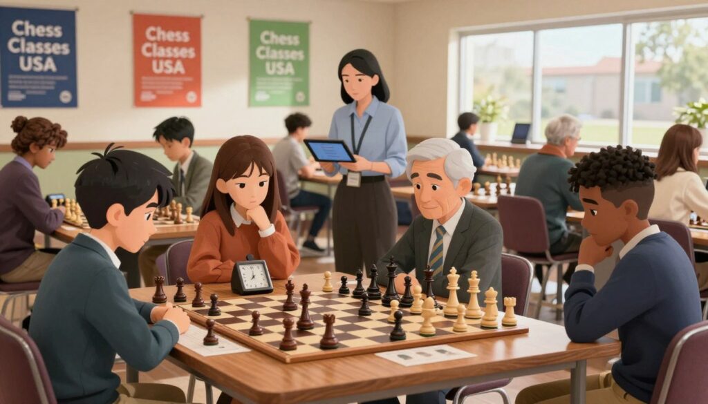 A vibrant scene depicting a rated chess tournament in a stylish community center. In the foreground, focused players of diverse backgrounds, both young and old, sit at neatly arranged chess tables, fully engaged in their games. Each player is dressed in formal business attire or smart casual clothing, showcasing concentration and determination. In the middle ground, a supervisor oversees the tournament, checking scores on a digital tablet, surrounded by smooth wooden chess boards and clocks. The background features colorful banners for “Chess Classes USA” hung on the walls, with a soft, natural light filtering in through large windows, creating an inviting atmosphere. The lens captures the excitement and intensity of the tournament, encouraging a sense of community and passion for chess. A vibrant scene depicting a rated chess tournament in a stylish community center. In the foreground, focused players of diverse backgrounds, both young and old, sit at neatly arranged chess tables, fully engaged in their games. Each player is dressed in formal business attire or smart casual clothing, showcasing concentration and determination. In the middle ground, a supervisor oversees the tournament, checking scores on a digital tablet, surrounded by smooth wooden chess boards and clocks. The background features colorful banners for “Chess Classes USA” hung on the walls, with a soft, natural light filtering in through large windows, creating an inviting atmosphere. The lens captures the excitement and intensity of the tournament, encouraging a sense of community and passion for chess.