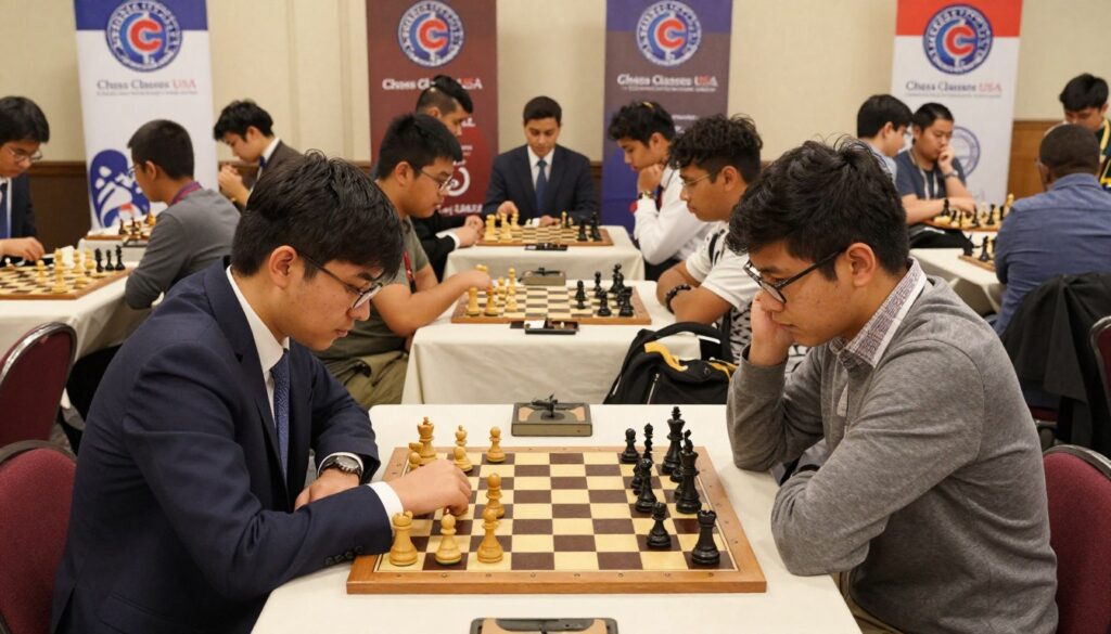 A vibrant scene depicting a rated chess tournament, showcasing a diverse group of players, young and old, engaged in intense gameplay. In the foreground, focus on two opponents deep in concentration, dressed in professional business attire and modest casual clothing, with chess pieces strategically positioned on a polished wooden board. The middle ground features several other tables filled with participants, surrounded by spectators observing the matches with keen interest. In the background, banners displaying the logo of "Chess Classes USA" decorate the room, creating an atmosphere of excitement and competition. The lighting is bright yet warm, casting gentle shadows that enhance the sense of focus and intensity. Capture this moment from a slightly elevated angle to convey the dynamic energy of the tournament.