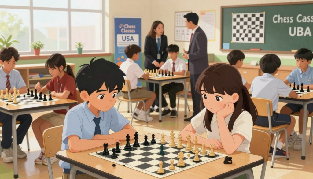 A vibrant scene depicting a scholastic chess league in action, focusing on a diverse group of students aged 10-15 engaged in a spirited chess tournament. In the foreground, two young players, a boy and a girl, concentrate intently on their chessboards, with pieces arranged mid-game. They are dressed in smart casual clothing. The middle of the image showcases several tables filled with other students engaged in play, some discussing strategies with their coaches, who wear professional attire. The background features a school setting with banners reading "Chess Classes USA" and bright classroom walls adorned with chess-related artwork. Soft natural lighting pours in from large windows, creating an enthusiastic and inviting atmosphere, capturing the excitement of learning and competition in scholastic chess leagues. A vibrant scene depicting a scholastic chess league in action, focusing on a diverse group of students aged 10-15 engaged in a spirited chess tournament. In the foreground, two young players, a boy and a girl, concentrate intently on their chessboards, with pieces arranged mid-game. They are dressed in smart casual clothing. The middle of the image showcases several tables filled with other students engaged in play, some discussing strategies with their coaches, who wear professional attire. The background features a school setting with banners reading "Chess Classes USA" and bright classroom walls adorned with chess-related artwork. Soft natural lighting pours in from large windows, creating an enthusiastic and inviting atmosphere, capturing the excitement of learning and competition in scholastic chess leagues.