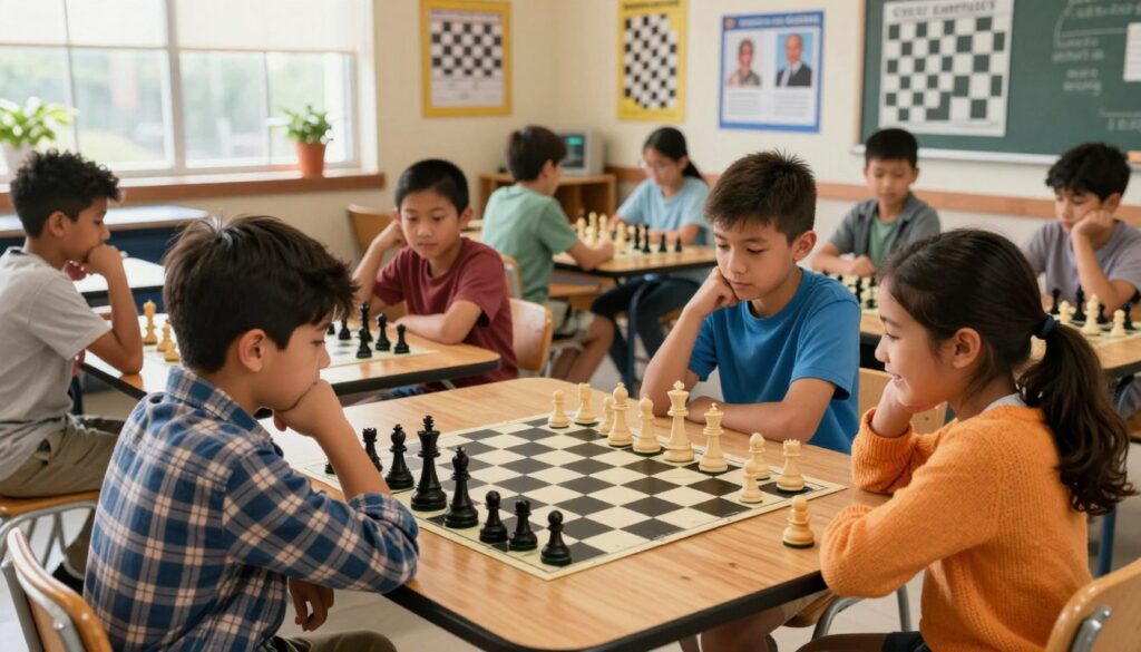 A vibrant scene depicting a scholastic chess program in North Carolina, featuring a diverse group of children, ages 8-14, engaged in a spirited chess match around a large wooden table. In the foreground, a boy in a plaid shirt intently contemplates his next move, while a girl in a bright sweater smiles as she makes a clever play. The middle ground consists of other kids, some deep in thought, others discussing strategies, surrounded by chessboards adorned with unique pieces. The background showcases a warm classroom filled with educational posters about chess strategies and famous players. Soft, natural light floods the room from large windows, highlighting the enthusiasm and determination on their faces. The atmosphere is energetic and supportive, emphasizing youth development through chess. Include the logo of "Chess Classes USA" subtly in the corner.