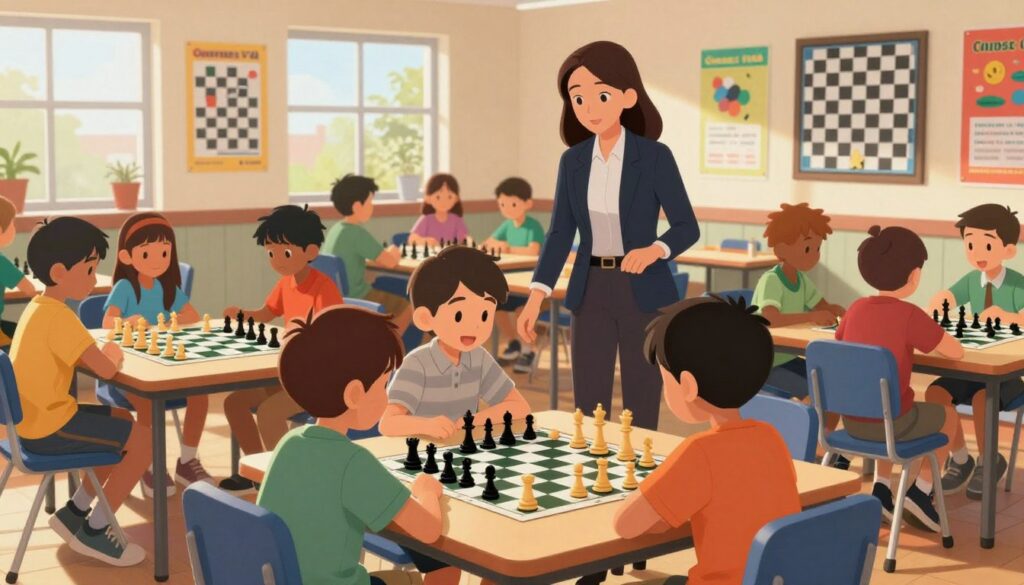 A vibrant scene depicting a scholastic chess program in action. In the foreground, a diverse group of enthusiastic children, ages 8-12, focused intently on their chessboards, dressed in casual but neat attire. In the middle, a teacher, wearing professional business attire, walks through the rows of students offering guidance. Tables are scattered with chess pieces and boards, all arranged neatly. In the background, colorful educational posters about chess strategies adorn the walls, creating an inviting atmosphere. Soft, natural lighting streams in through large windows, adding warmth to the room. The mood is lively and inspiring, reflecting the theme of youth development in chess. Additionally, a logo of "Chess Classes USA" subtly integrated on a poster in the background enhances context without intruding on the scene.