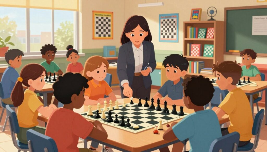 A vibrant scene depicting a scholastic chess program in an inviting, well-lit school classroom. In the foreground, a diverse group of children aged 8-12, with focused expressions, are gathered around a large chessboard, intently studying their next moves. They're dressed in comfortable yet smart clothing, representing various cultural backgrounds. In the middle, a supportive instructor in professional attire guides them, demonstrating strategies with a chess piece. The background features colorful educational posters about chess strategies, bookshelves filled with chess literature, and large windows letting in warm, natural light, creating an uplifting atmosphere. The angle captures an engaging dynamic, emphasizing collaboration and youth development in chess. The branding "Chess Classes USA" subtly incorporated into the classroom decor enhances the theme of learning and community.