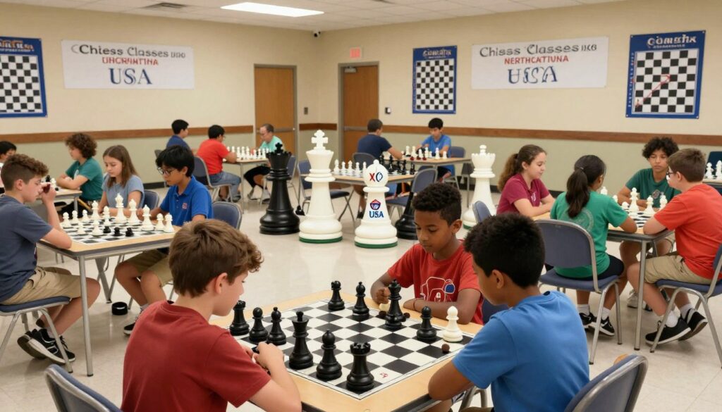 A vibrant scene depicting a scholastic chess tournament in North Carolina at a spacious community center. In the foreground, diverse children of varying ethnicities, dressed in modest casual clothing, intensely focus on their chess boards, showcasing determination and concentration. The middle ground features oversized chess pieces decorated with the logo of "Chess Classes USA," adding a playful touch to the competitive atmosphere. The background reveals banners celebrating the tournament and chess strategy posters adorning the walls. Soft, diffused lighting bathes the room, creating an inviting ambiance while emphasizing the excitement of the event. A wide-angle perspective captures the hustle and bustle of participants and spectators, evoking a sense of community and camaraderie surrounding scholastic chess.