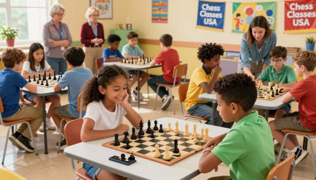 A vibrant scene depicting a scholastic chess tournament in a sunlit community center, with diverse children of various ethnic backgrounds deeply engaged in play. In the foreground, a young girl in a neat, casual outfit smiles as she contemplates her next move on a wooden chessboard. To her side, a boy in a bright polo shirt eagerly watches the action, illustrating camaraderie and focus. The middle ground features several chess tables filled with students, each in modest clothing, strategizing and immersed in their games, surrounded by colorful banners promoting "Chess Classes USA." In the background, parents and coaches observe proudly, with an atmosphere of excitement and encouragement. The lighting is warm and inviting, creating a participatory and energetic mood, captured from a slightly elevated angle for a broad view of the event. A vibrant scene depicting a scholastic chess tournament in a sunlit community center, with diverse children of various ethnic backgrounds deeply engaged in play. In the foreground, a young girl in a neat, casual outfit smiles as she contemplates her next move on a wooden chessboard. To her side, a boy in a bright polo shirt eagerly watches the action, illustrating camaraderie and focus. The middle ground features several chess tables filled with students, each in modest clothing, strategizing and immersed in their games, surrounded by colorful banners promoting "Chess Classes USA." In the background, parents and coaches observe proudly, with an atmosphere of excitement and encouragement. The lighting is warm and inviting, creating a participatory and energetic mood, captured from a slightly elevated angle for a broad view of the event.