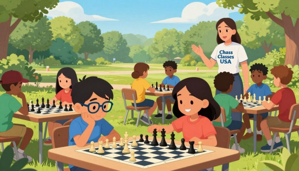 A vibrant scene depicting a sunny outdoor chess camp for kids in the USA, showcasing a diverse group of children aged 8-12 engaging in chess activities. In the foreground, a boy with glasses is deep in thought over a chessboard, while a girl nearby smiles as she moves a piece. The middle ground features tables set up with chess sets, and instructors wearing "Chess Classes USA" shirts guiding the kids enthusiastically. In the background, lush green trees and a bright blue sky create an inviting and cheerful atmosphere. Soft, natural sunlight casts gentle shadows, enhancing the lively scene, with a focus on camaraderie and learning. The overall mood is joyful and encouraging, highlighting the growing popularity of chess camps for children. A vibrant scene depicting a sunny outdoor chess camp for kids in the USA, showcasing a diverse group of children aged 8-12 engaging in chess activities. In the foreground, a boy with glasses is deep in thought over a chessboard, while a girl nearby smiles as she moves a piece. The middle ground features tables set up with chess sets, and instructors wearing "Chess Classes USA" shirts guiding the kids enthusiastically. In the background, lush green trees and a bright blue sky create an inviting and cheerful atmosphere. Soft, natural sunlight casts gentle shadows, enhancing the lively scene, with a focus on camaraderie and learning. The overall mood is joyful and encouraging, highlighting the growing popularity of chess camps for children.