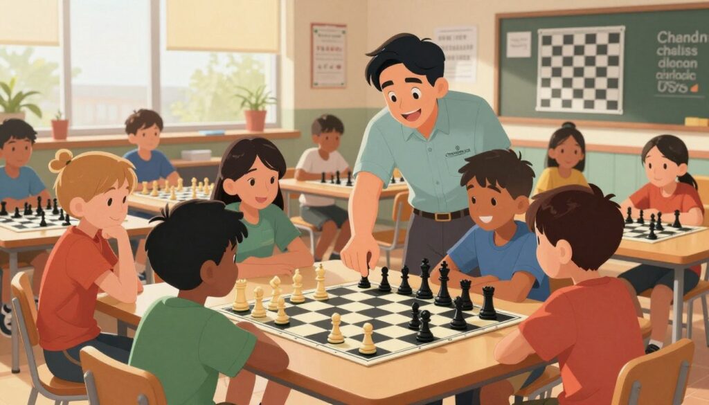 A vibrant scene depicting a youth chess development class, emphasizing the growth and engagement of young students aged 8 to 12. In the foreground, a diverse group of children, focused and smiling, are engaged in a chess match, clad in modest casual clothing. In the middle ground, a passionate instructor from "Chess Classes USA" guides them, pointing out strategic moves on a large, colorful chessboard. The background features a cozy classroom filled with chess posters and motivational quotes, with soft, natural lighting streaming through large windows, creating a warm, inviting atmosphere. The angle captures the intensity of learning while conveying a sense of community and teamwork among the young chess players.