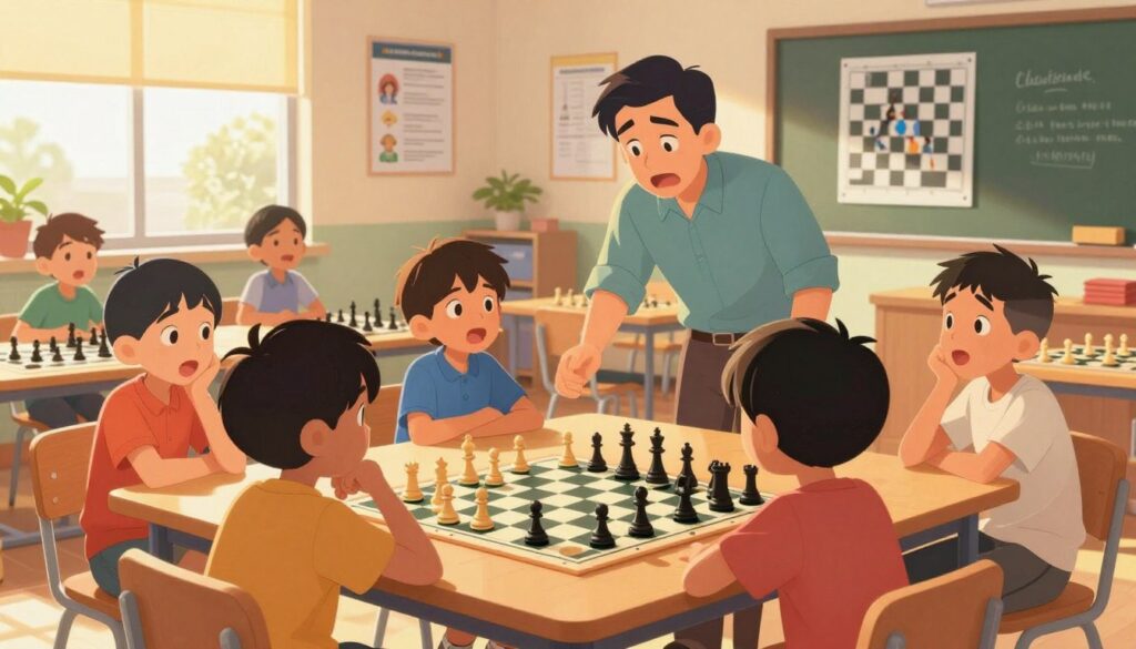 A vibrant scene depicting a youth chess development program in action. In the foreground, a diverse group of children (ages 8-12) are intently focused on a chessboard, each displaying a range of emotions like concentration and excitement. They are dressed in modest, casual clothing. In the middle ground, a skilled instructor engages with the students, demonstrating strategies with enthusiasm. The background features a brightly lit classroom filled with chess-related educational materials and posters of famous chess players, creating an inspiring environment. The lighting is warm and inviting, with soft sunlight filtering through large windows, casting a gentle glow over the scene. The overall atmosphere is one of encouragement and growth, representing the psychological impact of early ratings in chess. The branding "Chess Classes USA" is subtly incorporated into the classroom decor.