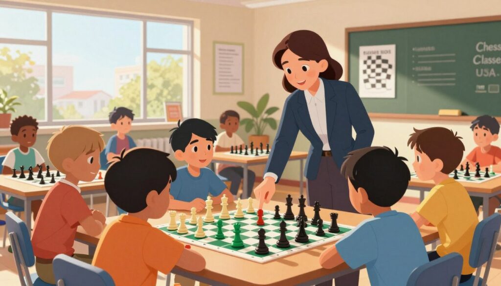 A vibrant scene depicting a youth chess development workshop in a bright, modern classroom. In the foreground, diverse children aged 8-12, absorbed in a chess game, exhibit expressions of focus and determination, wearing casual yet tidy clothing. In the middle ground, a knowledgeable instructor, dressed in professional attire, guides the youngsters, pointing to a chessboard. The background features large windows allowing warm sunlight to pour in, illuminating motivational posters about chess strategies. A chess set made of colorful pieces adds a playful touch to the scene. The overall mood is inspiring and encouraging, reflecting a nurturing environment. Include elements like the "Chess Classes USA" logo subtly incorporated into the classroom decor.