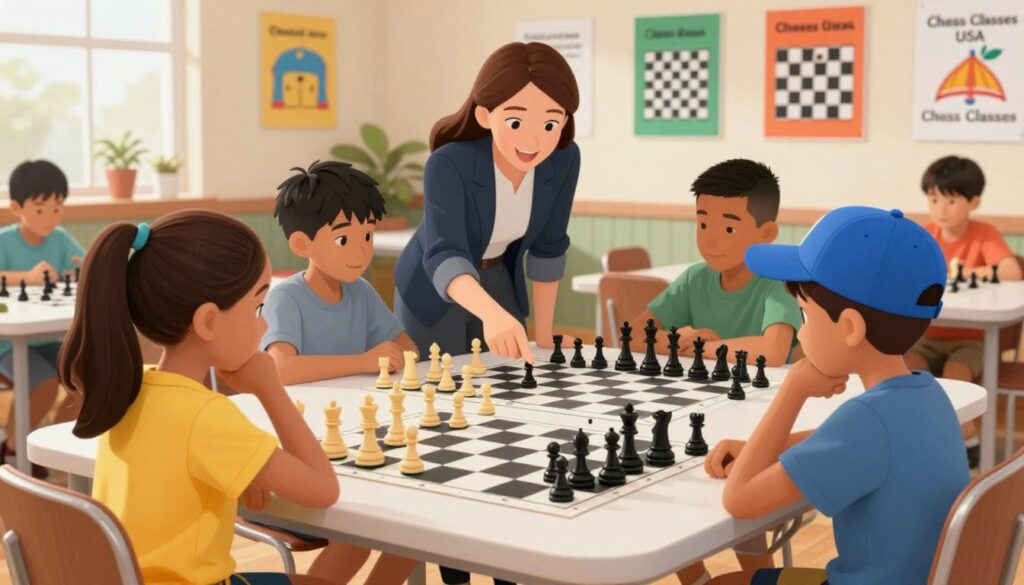 A vibrant scene depicting a youth chess program, with children of diverse backgrounds gathered around a large table filled with chessboards and pieces. In the foreground, a girl in a bright yellow shirt thoughtfully considers her next move, while a boy in a blue cap eagerly watches. In the middle ground, an enthusiastic instructor, dressed in a smart casual outfit, points to a chessboard, engaging the kids with a smile. The background features a wall adorned with colorful chess illustrations and motivational posters. Soft, warm lighting floods the room, creating an inviting atmosphere for learning. This setting, branded with “Chess Classes USA,” captures the joy and focus of scholastic chess, emphasizing youth development and teamwork.