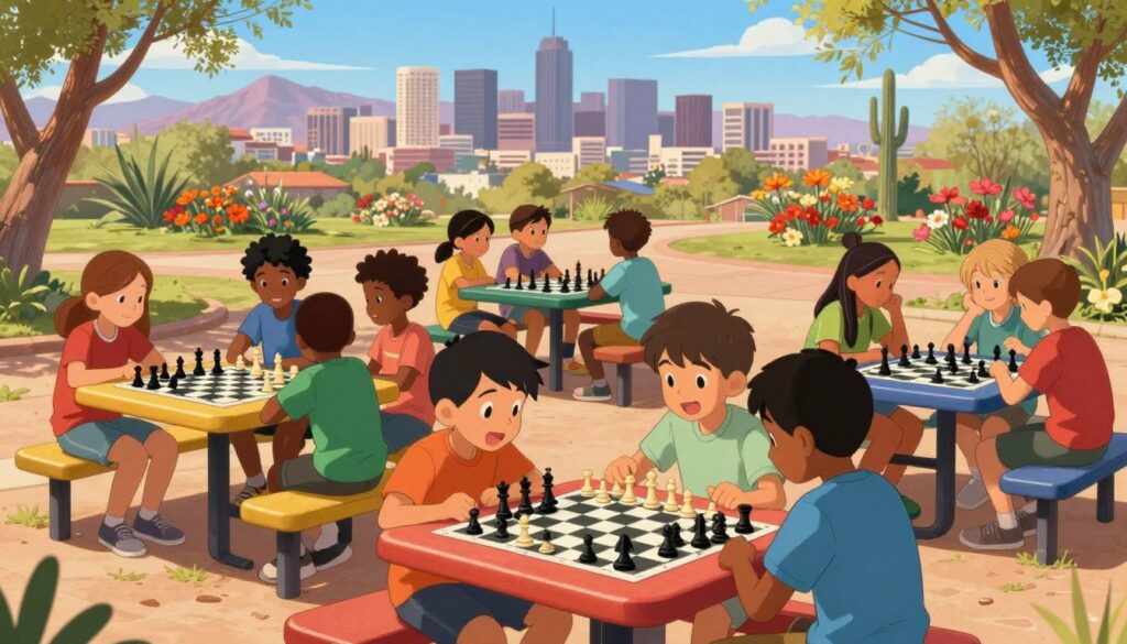 A vibrant scene depicting a youth chess tournament in a sunlit Arizona park. In the foreground, a diverse group of children aged 8-14, focused on their chess boards, are dressed in casual yet presentable clothing. Their expressions convey concentration and excitement. The middle ground showcases colorful picnic tables adorned with chess boards and pieces, with a backdrop of blooming desert flora, symbolizing the region's unique landscape. In the background, the city skyline of Phoenix and distant mountains can be faintly seen under a clear blue sky. Soft, warm lighting enhances the joyful atmosphere, capturing the spirit of youth chess development. The branding "Chess Classes USA" is subtly included in the design elements around the setting, complementing the overall composition.